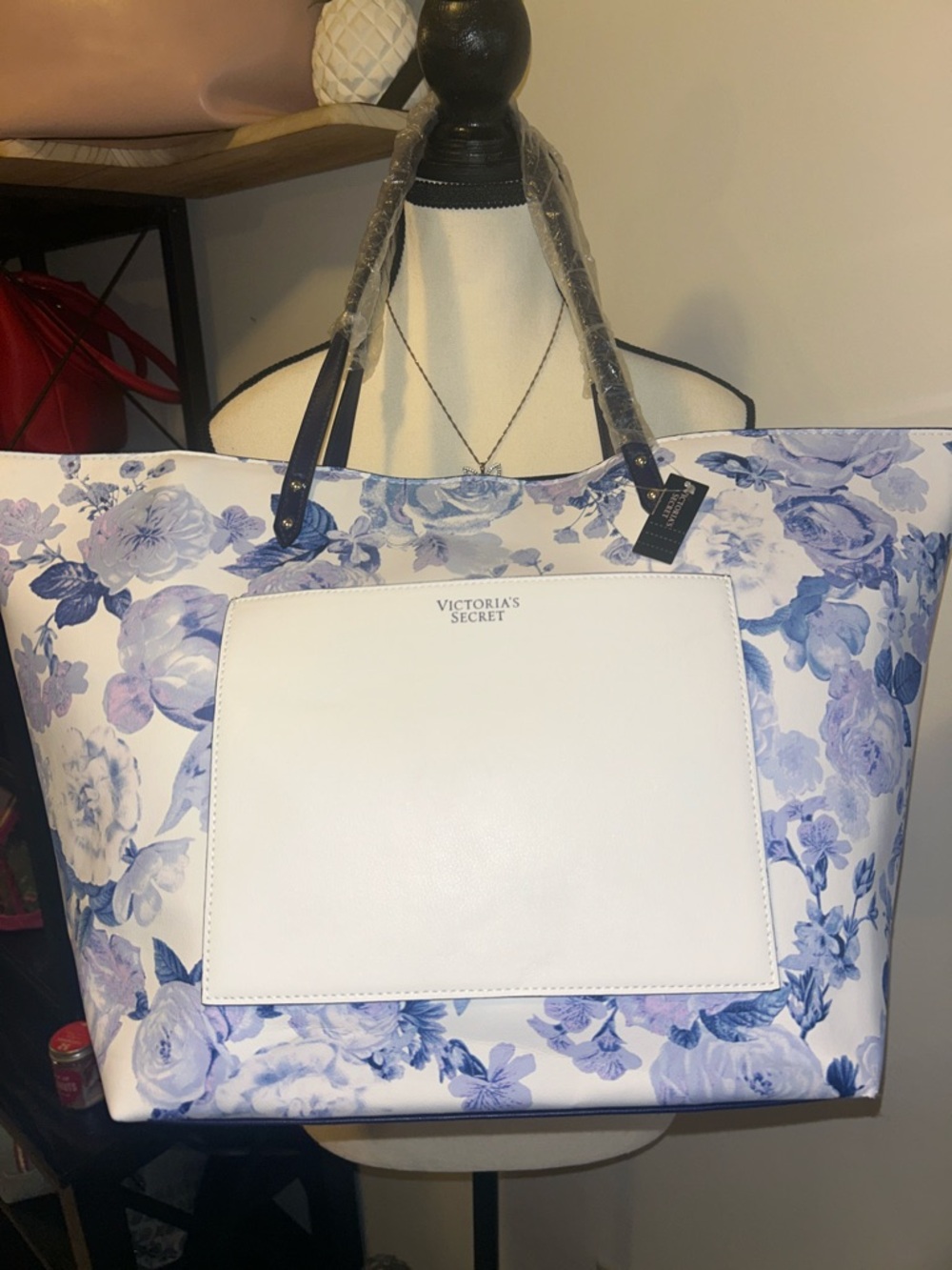 Victoria's Secret Blue Floral Tote with White Front Pocket and Navy Blue Handles